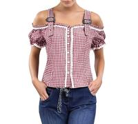 Dwevkeful Damen Trachtenbluse, Elegant Traditionelle Trachten Oberteil Bayerische Große Größen Kariertes Hemd Outfit Oktoberfest Trachtenshirt Modern Kurzarm Trachtenbluse, Rot, L