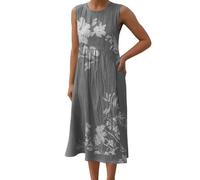 Dwevkeful Kleid Damen Elegant, Sommerkleider Leicht Und Luftig Leinenkleider Sommer Tunikakleid Blumendruck Rundhals Casual Boho Kleid Freizeitkleid Strandkleid, B07 Schwarz, 3XL