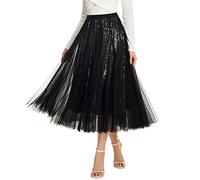 Dwirapal Langer Pailletten-Tüllrock, mehrlagig, fließend, Fee, glitzernd, Party, Netzstoff, Teelänge, großer Saum, Röcke für Damen, Pailletten schwarz, Klein
