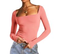 Dwnval Doppelt gefüttertes Langarm-Shirt für Damen mit quadratischem Ausschnitt - Basic Slim Fit Crop T-Shirt, korallenpink, Groß