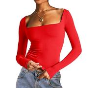 Dwnval Doppelt gefüttertes Langarm-Shirt für Damen mit quadratischem Ausschnitt - Basic Slim Fit Crop T-Shirt, Big Red, Mittel
