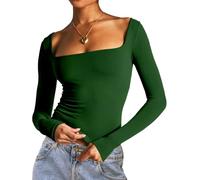Dwnval Doppelt gefüttertes Langarm-Shirt für Damen mit quadratischem Ausschnitt - Basic Slim Fit Crop T-Shirt, Grün (Army Green), Groß