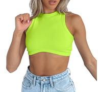 Dwnval Sexy ärmelloses Tanktop mit Rundhalsausschnitt, gerippt, gestrickt, bauchfrei, neon green, X-Klein