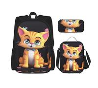 Dwrepo 3-teiliges Rucksack-Set mit Lunch-Tasche, Stiftebox, Cartoon-Katze, Reiserucksack, große Kapazität, Laptop-Rucksack für Männer und Frauen, lässige Tagesrucksäcke, Lunchbox, Stifteetui,