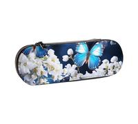 Dwrepo Federmäppchen aus Leder, mit Reißverschluss, blaue Schmetterlinge, weiße Blumen, niedliches Federmäppchen für Damen und Herren, Federmäppchen, Reise-Make-up-Tasche, Münztasche für Arbeit, Büro