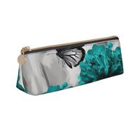 Dwrepo Leder-Federmäppchen für Damen und Herren, Federmäppchen mit Reißverschluss, tragbares Federmäppchen, Grau, Blaugrün, Blume, Schmetterling, Stifttasche, kleine Make-up-Tasche, Münztasche für