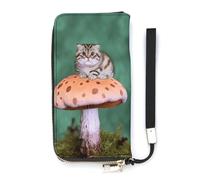 DWTJKMS Langes Portemonnaie Katze auf Pilz, schmale PU-Ledergeldbörsen für Männer und Frauen, minimalistische Geldbörse mit Kartenfächern, weiß, 20 x 10,5 cm, weiß, 20x10.5cm