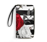 DWTJKMS Schwarz-weiße gestreifte rote Rosen-Blumen, lange Brieftasche, schlanke Brieftasche aus PU-Leder für Männer und Frauen, minimalistische Geldbörse mit Kartenfächern, weiß, 19,7 x 10,5 cm, weiß,