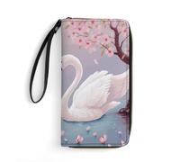 DWTJKMS Weiße Schwäne mit rosafarbenem Blumenbaum, lange Brieftasche, schmale Geldbörse aus PU-Leder, für Männer und Frauen, minimalistische Geldbörse mit Kartenfächern, weiß, 19,7 x 10,5 cm, weiß,