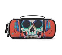 DWVSFJM Federmäppchen aus PU-Leder, wasserdicht, tragbar, Make-up-Tasche mit Reißverschluss, Punk-Rock-Kopfhörer, Totenkopf-Bleistifttasche für Bürobedarf, Make-up-Tasche