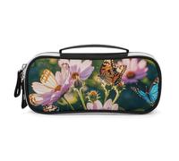 DWVSFJM Federmäppchen aus PU-Leder, wasserdicht, tragbar, Make-up-Tasche mit Reißverschluss, Schmetterlinge und Blüten, Federmäppchen für Bürobedarf, Make-up-Tasche