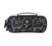 DWVSFJM Federmäppchen aus PU-Leder, wasserdicht, tragbar, Make-up-Tasche mit Reißverschluss, schwarze Pfingstrose, Rose, Skul, Federmäppchen für Bürobedarf, Make-up-Tasche