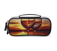 DWVSFJM Federmäppchen aus PU-Leder, wasserdicht, tragbar, Make-up-Tasche mit Reißverschluss, Sonnenuntergang, Weinglas, Federmäppchen für Bürobedarf, Make-up-Tasche