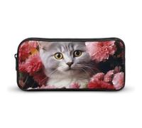 DWVTFSM Federmäppchen, Motiv: Katze in Blumen, große Kapazität, niedliches Federmäppchen, Make-up-Kosmetiktasche für Damen und Herren