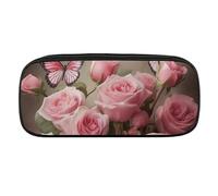 DWVTFSM Großes Federmäppchen mit Rosen und Schmetterlingen, wasserdicht, niedliches Federmäppchen, Reise-Kosmetiktasche, Leder, Make-up-Tasche, Organizer, Stifthalter für Männer und Frauen, Stil