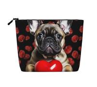 Dwvtfsm Kosmetiktasche mit französischer Bulldogge mit rotem Herz, wasserdicht, Leinen, Reise-Kosmetik-Organizer, leichter Reißverschluss, Reise-Kulturbeutel, Organizer, Make-up-Pinsel