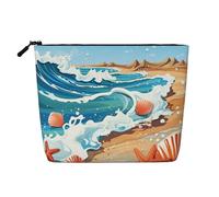 Dwvtfsm Kosmetiktasche mit Muscheln und Wellen, wasserdicht, Leinen, Reise-Kosmetik-Organizer, leichter Reißverschluss, Reise-Kulturbeutel, Organizer, Make-up-Pinsel, Aufbewahrungstasche