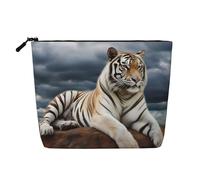 Dwvtfsm Majestic Tiger ruht auf einem Felsen mit bewölktem Himmel, Make-up-Tasche für Damen, wasserdicht, Leinen, Reise-Kosmetik-Organizer, leichter Reißverschluss, Reise-Kulturbeutel, Organizer