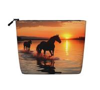Dwvtfsm Make-up-Tasche für Damen, Motiv: Sonnenuntergänge, See, Pferde, wasserdicht, Leinen, Reise-Kosmetik-Organizer, leichter Reißverschluss, Reise-Kulturbeutel, Organizer, Make-up-Pinsel