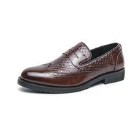 DXSYGMBN Herren Penny Loafers Kroko-Prägung Slipper Business Schuhe Wingtip Brogue Halbschuhe Elegant Leder Anzugschuhe für Hochzeit Büro,Braun,46 EU