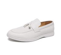 DXSYGMBN Herren Slipper mit Quasten Freizeitschuhe Business Halbschuhe Bequem Leicht Weiches Leder für Büro Hochzeit Party Alltag Business,Weiß,44 EU