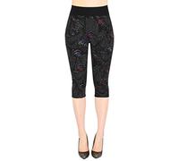 dy_mode Capri Leggings Damen 3/4 Leggins Schwarz mit Glanz Wet-Look Blumen Muster - 3LG460 (3LG457-RainbowAbstractRoses)
