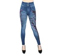 dy_mode Damen Leggings High Waist Jeggings Jeansoptik Leggins -JL089 (JL616-PinkTigerFlowerNieten)