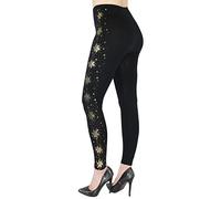 dy_mode Damen Leggings High Waist Schwarz mit Glanz Wet-Look Blumen Muster Glanz Druck Leggins - JL353 (jl648-GoldStars, S/M)