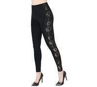 dy_mode Damen Leggings High Waist Schwarz mit Glanz Wet-Look Blumen Muster Glanz Druck Leggins - JL353 (jl643-GoldenHeart, S/M)
