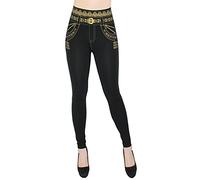 dy_mode Damen Leggings Schwarz mit Glanz Blumen Muster Leggins - JL353 (JL533-BeltGolden, S/M)