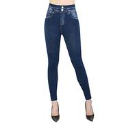 dy_mode Leggings Damen Jeggings High Waist Jeansoptik Hose Jeggins - YLG065 (JL631-Jeansblau-Glitzerknopf)