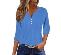 Dyhxuan 3/4 Arm Shirt Damen Einfarbig Hohle Bluse Öse Stickerei V-Ausschnitt Oberteile Knopfleiste Dreiviertelärmel T Shirt Frühling Sommer Pullover Tops Komfortable Atmungsaktive T-Shirt Blusenshirt