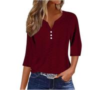 Dyhxuan 3/4 Arm Shirt Damen Einfarbig Hohle Bluse Öse Stickerei V-Ausschnitt Oberteile Knopfleiste Dreiviertelärmel T Shirt Frühling Sommer Pullover Tops Komfortable Atmungsaktive T-Shirt Blusenshirt
