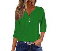 Dyhxuan 3/4 Arm Shirt Damen Einfarbig Hohle Bluse Öse Stickerei V-Ausschnitt Oberteile Knopfleiste Dreiviertelärmel T Shirt Frühling Sommer Pullover Tops Komfortable Atmungsaktive T-Shirt Blusenshirt