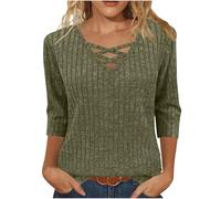 Dyhxuan 3/4 Arm Shirt Damen Gerippt Strickpullover Elegant V-Ausschnitt Oberteile Einfarbig Tunika Tops Basic Pullover Herbst Winter Strickoberteile S-2XL