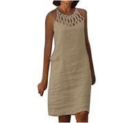 Dyhxuan A-Linien Kleider Damen Baumwolle Leinen Sommerkleid Retro Einfarbige Midikleid Taillen Strandkleid Ärmellos Rundhals Freizeitkleid Knielang Partykleid Aushöhlen Urlaubskleid Skaterkleid