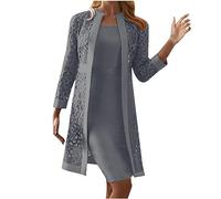 Dyhxuan Abendkleid Damen ärmellos Ballkleid mit Roundhals Knielang Cocktailkleid Zweiteiliges Set Damen Kleider Einfarbige Partykleid + Langarm Spitze Cardigan Jacke Abiballkleid Brautjungfern Kleid