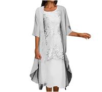 Dyhxuan Abendkleid Damen Elegant Einfarbige Stickerei Partykleid Zweiteiliges Set Kleider Ärmellos Ballkleid mit Rundhals + Einfarbige Cardigan Jacke Knielang Cocktailkleid Abiballkleid 5XL