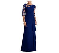 Dyhxuan Abendkleid Damen Lang Elegant Spitze Cocktailkleid Einfarbige Maxikleid Rundhals Mittelarm Hochzeitskleid Reißverschluss Brautkleid Brautjungfern Kleid Slim Fit Abiballkleid Partykleid