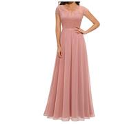 Dyhxuan Abendkleid Damen Lang Elegant Spitze Cocktailkleid Einfarbige Maxikleid Rundhals Mittelarm Hochzeitskleid Reißverschluss Brautkleid Brautjungfern Kleid Slim Fit Abiballkleid Partykleid