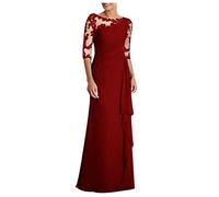 Dyhxuan Abendkleid Damen Lang Elegant Spitze Cocktailkleid Einfarbige Maxikleid Rundhals Mittelarm Hochzeitskleid Reißverschluss Brautkleid Brautjungfern Kleid Slim Fit Abiballkleid Partykleid
