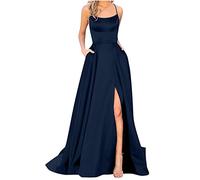 Dyhxuan Ballkleider Damen Lang Einfarbige Abendkleid Temperament Ärmellos Sling Cocktailkleid Hohe Taille Partykleid Abiballkleid mit Teilt Brautjungfern Kleider mit Taschen Bodenlang Maxikleid
