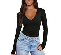 Dyhxuan Basic Langarmshirt Damen Slim Fit Langarm Oberteile Sexy Spitze V-Ausschnitt Top Stretch Unterhemden Einfarbig Tshirt Top Elegant Tunika Bluse Y2K Longsleeve Shirt