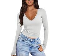 Dyhxuan Basic Langarmshirt Damen Slim Fit Langarm Oberteile Sexy Spitze V-Ausschnitt Top Stretch Unterhemden Einfarbig Tshirt Top Elegant Tunika Bluse Y2K Longsleeve Shirt