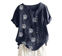 Dyhxuan Baumwolle Leinen Bluse Damen Sommer T-Shirt Vintage Druck Tshirt Damen Kurzarm Oberteile mit Rundhals Locker Große Größen Tops Blouse Hemdbluse Basic Shirt Pullover Knöpfe Sommerbluse