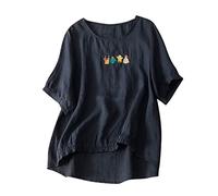 Dyhxuan Baumwolle Leinen Oberteile Damen Einfaches Druck Tops Kurzarm Rundhals Leinen T-Shirt Sommer Locker Tshirt Bluse Shirt Pullover Blusentops Blouse Sommerbluse Sport Oberteile Sommershirts