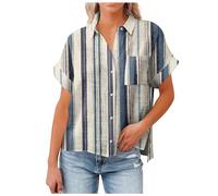 Dyhxuan Baumwolle Leinen Weiße Bluse Damen Sommer Shirt mit Knöpfe Vintage MarmorStreifen Druck Tshirt Kurzarm Umlegekragen Blusen Leichte Hemdbluse für Frauen Sommerlich Oberteile mit Tasche