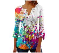 Dyhxuan Bluse Damen 3/4 Ärmel Shirt Blumendruck Blusenshirt Kurzarm Tops mit V-Ausschnitt Federdruck T-Shirt Oberteile Tunika Tshirt Frauen Sport Oberteile Blouse Blusentops mit Knöpfe Sportshirt