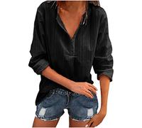 Dyhxuan Bluse Damen Baumwolle Leinen Shirt Sommer Einfarbige Blusenshirt Langarm Tshirt mit Rundhals Locker Plus Size Longbluse Herbst Winter Basic Langarmshirt T-Shirt Tops mit Knöpfe Oberteile