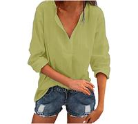 Dyhxuan Bluse Damen Baumwolle Leinen Shirt Sommer Einfarbige Blusenshirt Langarm Tshirt mit Rundhals Locker Plus Size Longbluse Herbst Winter Basic Langarmshirt T-Shirt Tops mit Knöpfe Oberteile